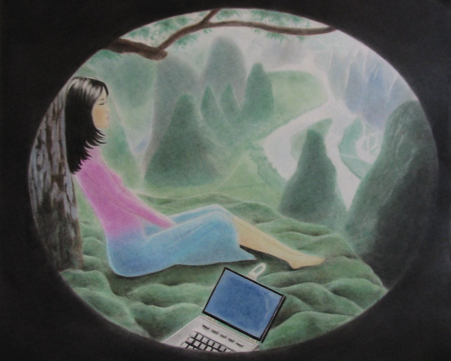 Color pastel drawing of Chinese girl in Kweilin.