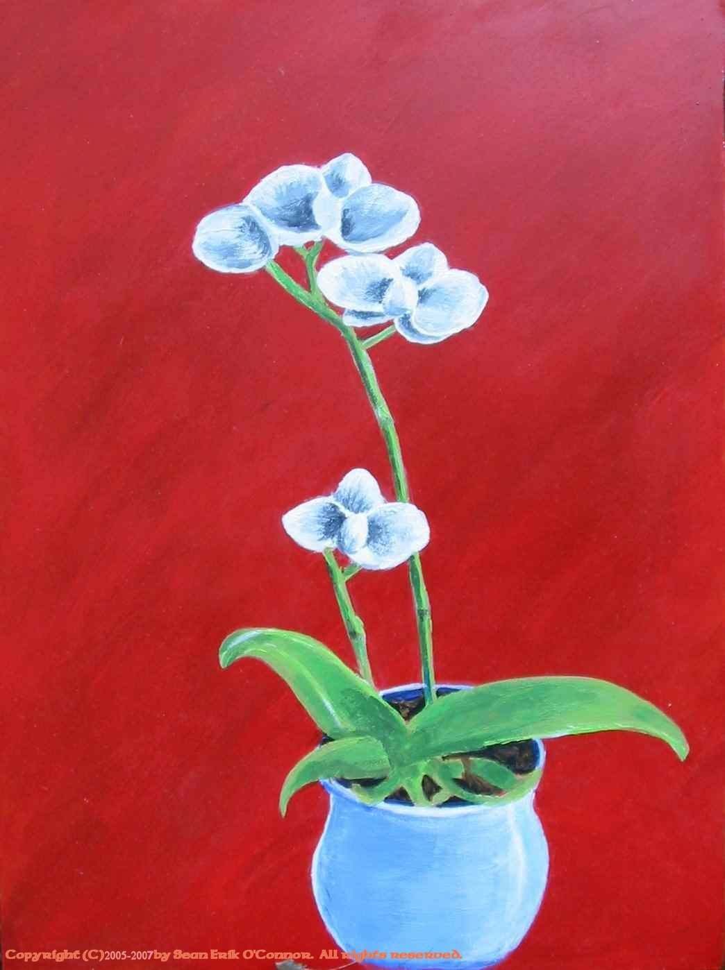 Acrylic painting of orchids in a pot.
